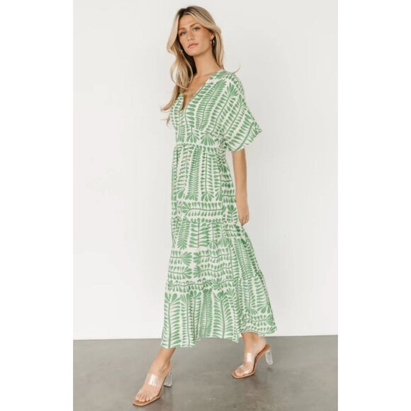 Baltic Born Austin Kimono Dress Midi Fit Flare Retro Green Print Large - Picture 5 of 15